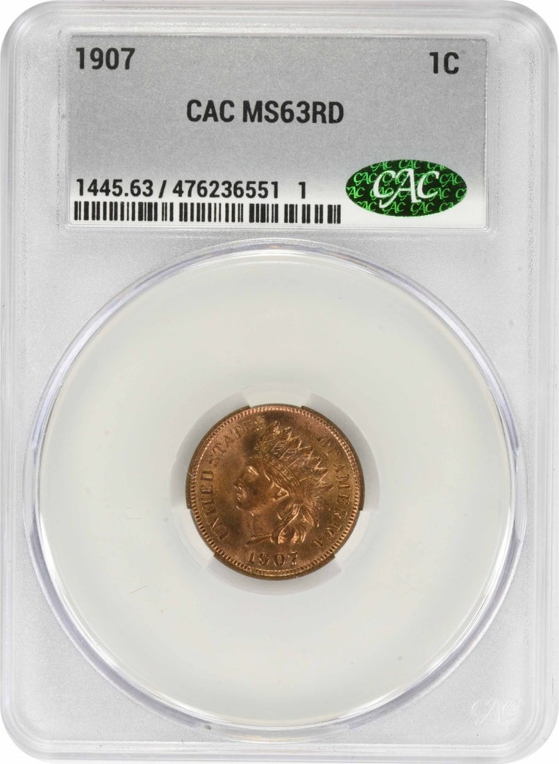 1907 Indian Cent MS63RD CACG: 1907 Indian Cent MS63RD CACG The 1907 Indian Cent MS63RD CACG is a highly detailed and well-certified coin, graded MS63 by the CACG and bearing the Circulated/Uncirculated designation. With a km