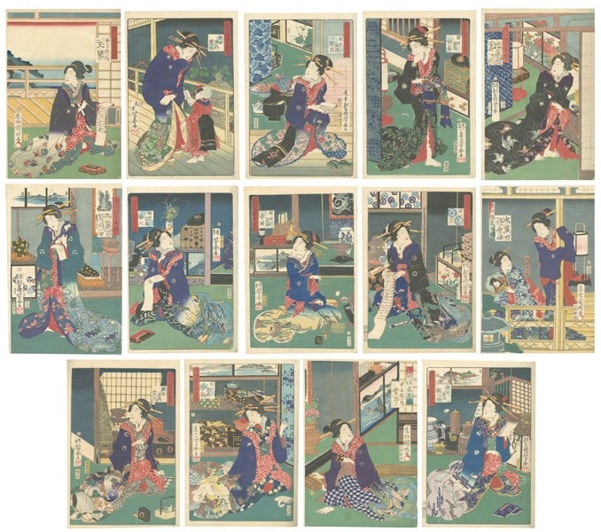 1865 Yoshiharu Kuniharu Japanese Woodblock Print Fukagawa Beauties 14 Sheets: 1865 Yoshiharu Kuniharu Japanese Woodblock Print Fukagawa Beauties 14 Sheets Item Specifics: Artist: Yoshiharu and Kuniharu Subject: Beauties (Bijin-ga) Fukagawa District Cats Tea Ceremony Material: