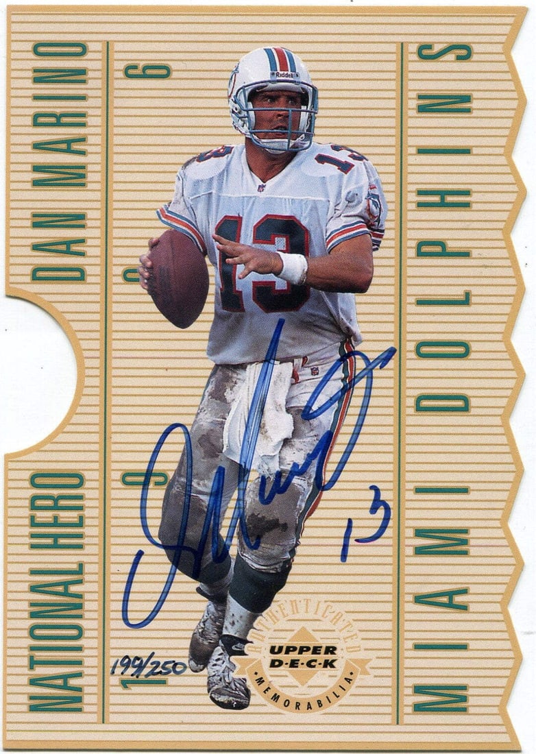 National Hero Dan Marino 1996 Jumbo Die Cut AUTO Card 250 199/: National Hero Dan Marino 1996 Jumbo Die Cut AUTO Card 250 199/ Signed by Dan Marino, this 1996 Upper Deck National Hero Jumbo Die Cut AUTO Card is a highly sought-after collectible. Packed and