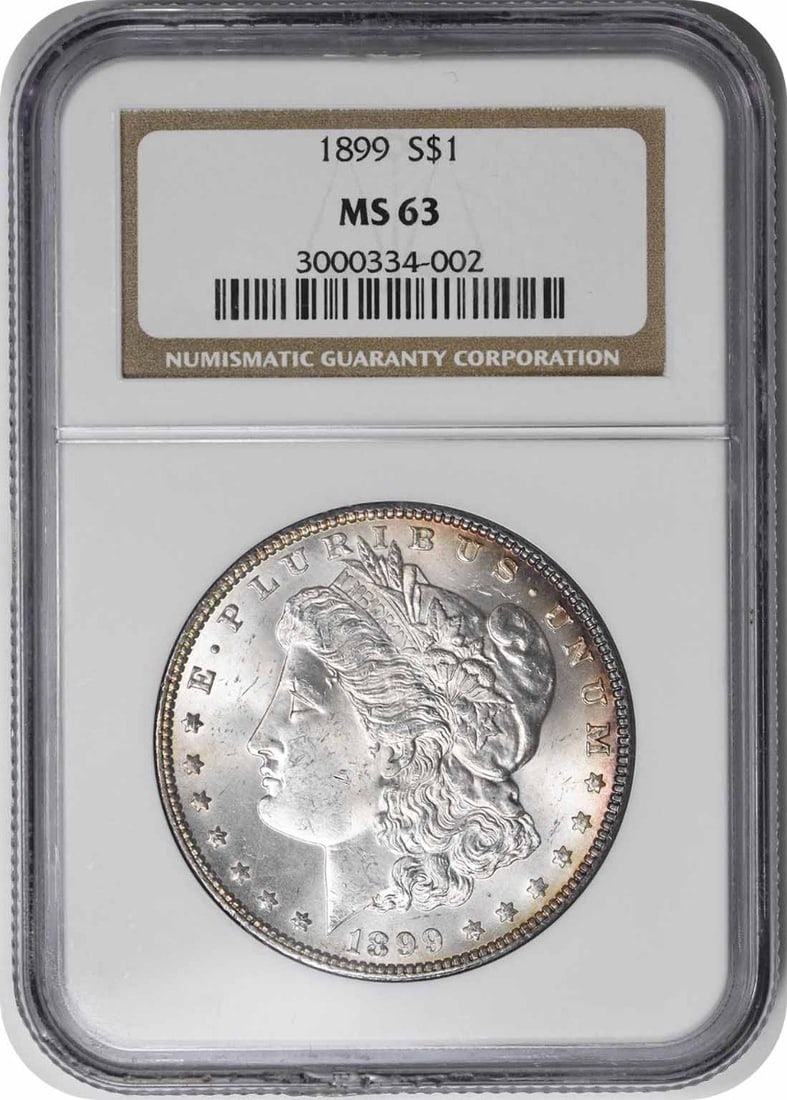 Morgan Silver Dollar MS63 NGC: Morgan Silver Dollar MS63 NGC The 1899 Morgan Silver Dollar is a highly detailed and intricately designed coin, featuring George T. Morgan's signature style. With its 90% silver and 10% copper composi