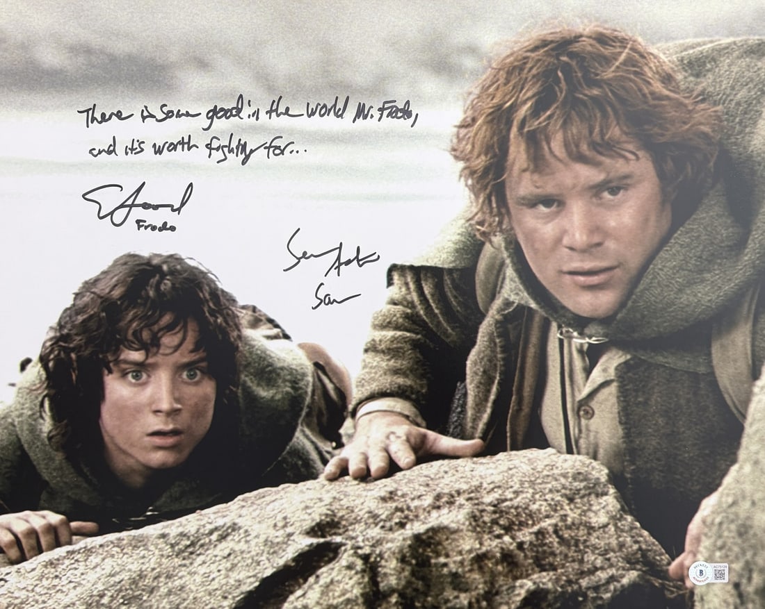 Elijah Wood & Sean Astin Signed/ Auto 16x20 Photo Lord of the Rings BAS 212447: Elijah Wood & Sean Astin Signed/ Auto 16x20 Photo Lord of the Rings BAS 212447 Signed 16x20 photo of Elijah Wood and Sean Astin from the Lord of the Rings Baseball Autograph Series, featuring the