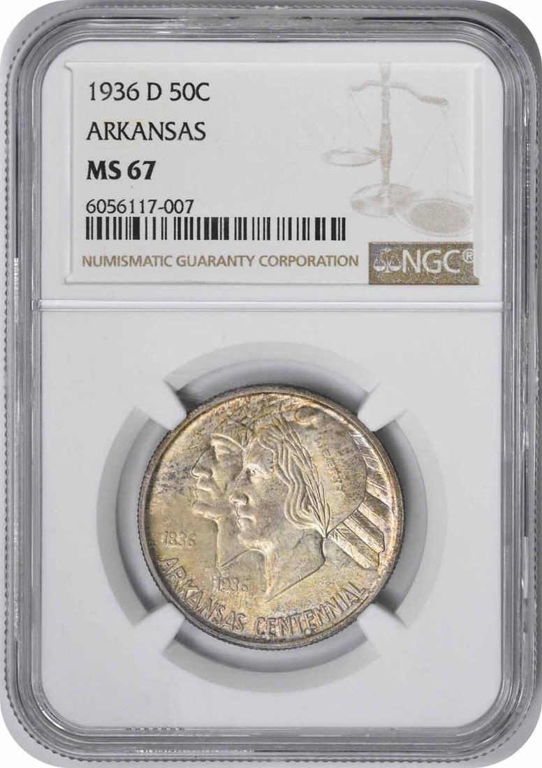 Arkansas Commemorative Silver Half Dollar 1936-D MS67 NGC: Arkansas Commemorative Silver Half Dollar 1936-D MS67 NGC The 1936-D Arkansas Commemorative Silver Half Dollar is a highly detailed and intricately designed coin, featuring the work of renowned artist