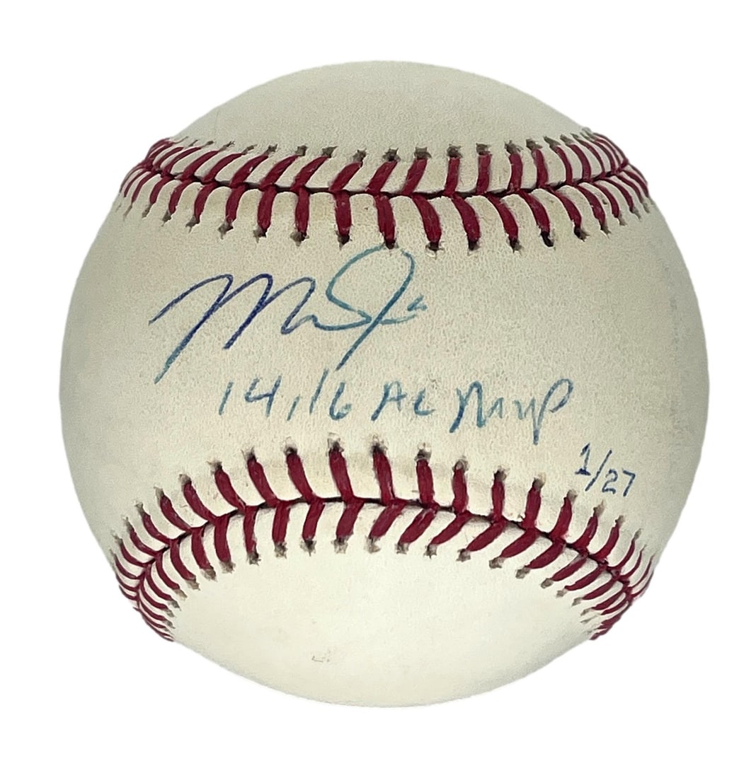 Signed Angels Baseball MVP Mike Trout Insc 14 Steiner 196504 MLB #1/ 27: Signed Angels Baseball MVP Mike Trout Insc 14 Steiner 196504 MLB #1/ 27 Signed by MLB MVP Mike Trout, this Steiner 196504 Insc 14 baseball is a unique collectible featuring the iconic player's autogra