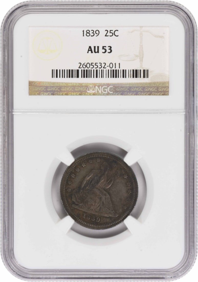 1839 Liberty Seated Silver Quarter No Drapery AU53 NGC: 1839 Liberty Seated Silver Quarter No Drapery AU53 NGC The 1839 Liberty Seated Silver Quarter is a rare and historic coin, featuring Seated Liberty on the obverse and a wreathed eagle on the reverse. 