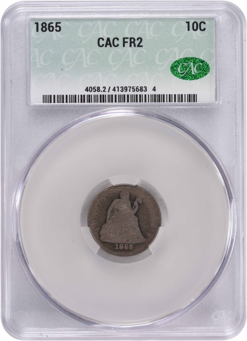 Silver Dime Liberty Seated 1865 FR02 CACG: Silver Dime Liberty Seated 1865 FR02 CACG The 1865 Silver Dime Liberty Seated FR02 CACG is a circulated example of this iconic coin, bearing the signature of Christian Gobrecht, the designer. With a m