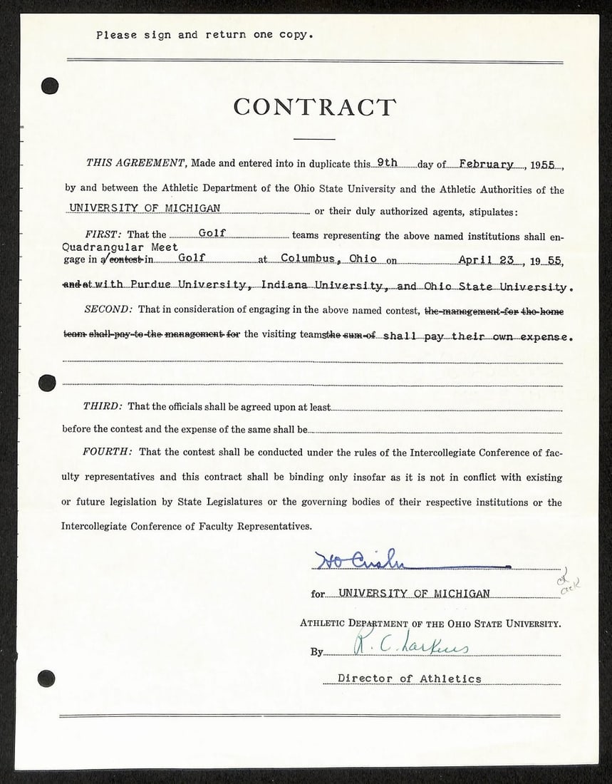 Fritz Crisler HOF Michigan Signed Auto Contract PSA BA198991: Fritz Crisler HOF Michigan Signed Auto Contract PSA BA198991 Fritz Crisler, a legendary coach in Michigan football history, has signed this auto contract. The item bears his signature, a notable featu