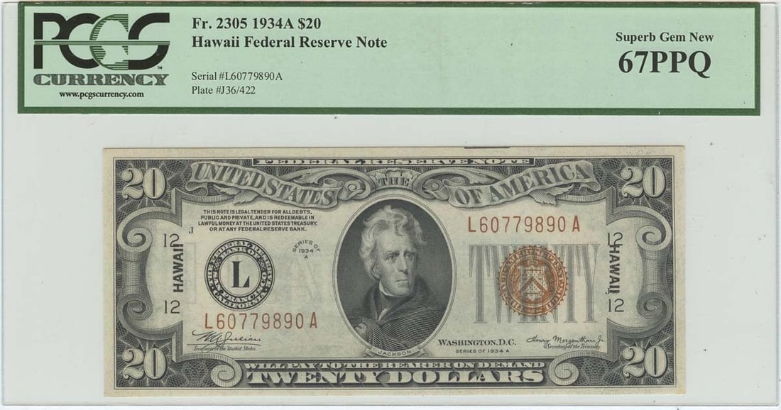 $20 Hawaii 67 SUPERB GEM PPQ 1934A WW2 PCGS FR#2305: $20 Hawaii 67 SUPERB GEM PPQ 1934A WW2 PCGS FR#2305 The 1934 $1 Hawaii 67 SUPERB GEM PPQ is a stunning Uncirculated MS67 coin, certified by PCGS as PPQ with a Certification Number of 80300339. This co