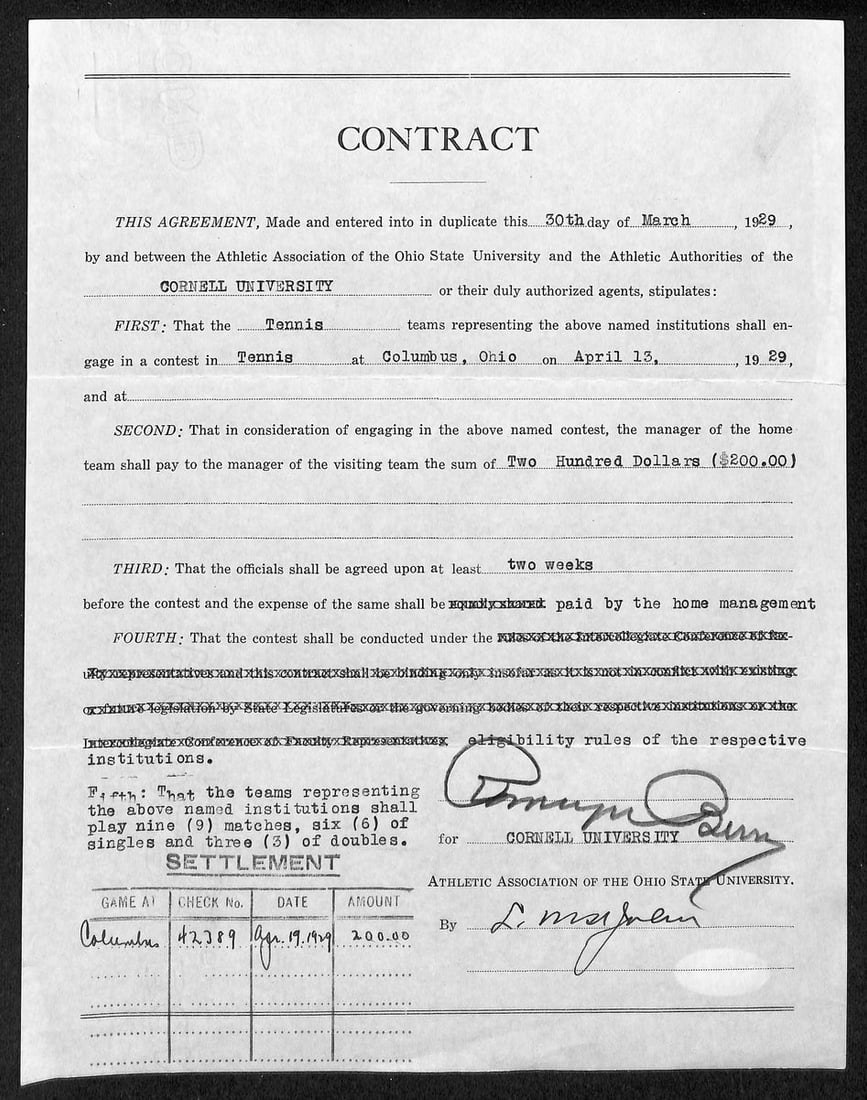 Lynn St. John HOF Signed 1929 Contract Ohio State & Cornell JSA 198966: Lynn St. John HOF Signed 1929 Contract Ohio State & Cornell JSA 198966 Signed 1929 Contract between Lynn St. John and Ohio State and Cornell Universities, featuring a notable signature from a Hall of 