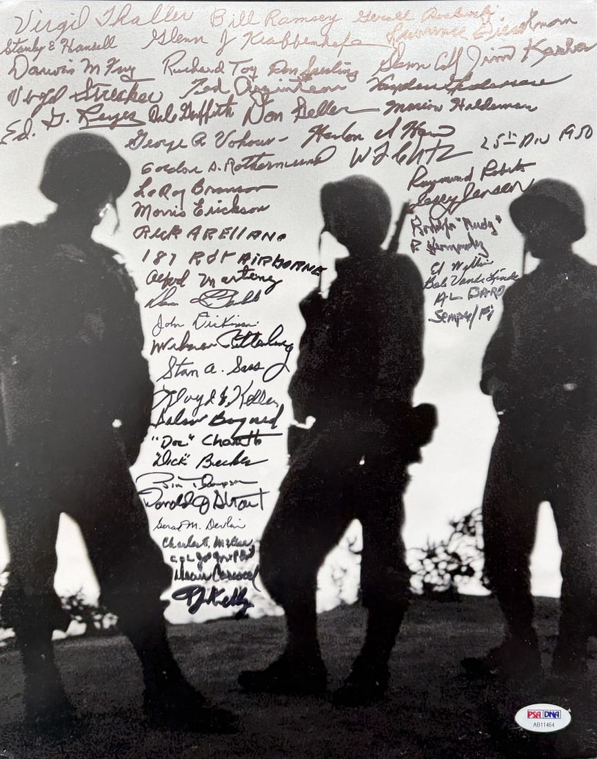 Korean War Soldiers Autographed/ Signed by (47) 11x14 Photo PSA Letter BA211669: Korean War Soldiers Autographed/ Signed by (47) 11x14 Photo PSA Letter BA211669 47 signatures on an 11x14 photo of a baseball player, bearing a PSA letter of authentication, make for a unique and intr