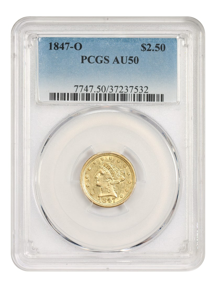 $2.50 1847-O PCGS AU50 Liberty Head: $2.50 1847-O PCGS AU50 Liberty Head 1847-O PCGS AU50 Liberty Head $2.50 Coin: A circulated example of the 1847-O $2.50 Liberty Head coin, certified by PCGS with a grade of AU50. This coin bears the ma