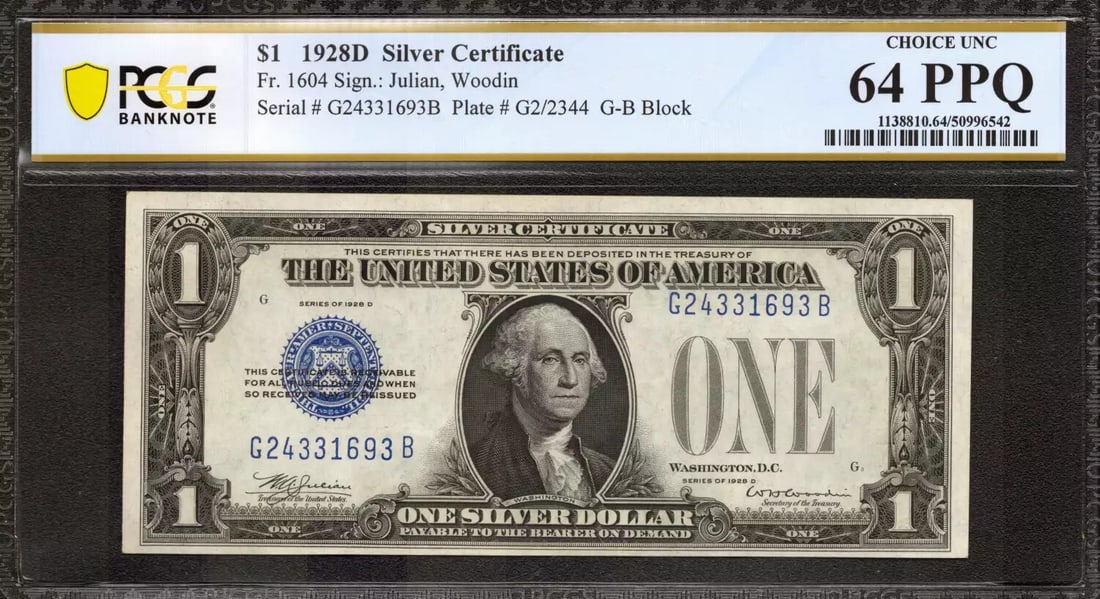 1928 D SILVER CERTIFICATE FR.1604 G-B BLOCK PCGS CU 64 PPQ - RARE BLOCK (693B): 1928 D SILVER CERTIFICATE FR.1604 G-B BLOCK PCGS CU 64 PPQ - RARE BLOCK (693B) The 1928 D Silver Certificate features a unique G-B Block designation, indicating a rare block of serial numbers. Graded 