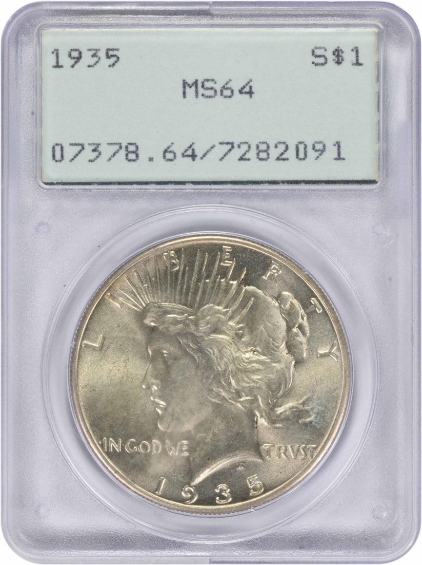 1935 Peace Silver Dollar MS64 PCGS: 1935 Peace Silver Dollar MS64 PCGS The 1935 Peace Silver Dollar is a highly detailed and well-crafted coin, graded MS64 by PCGS, indicating its exceptional condition. This Uncirculated coin features