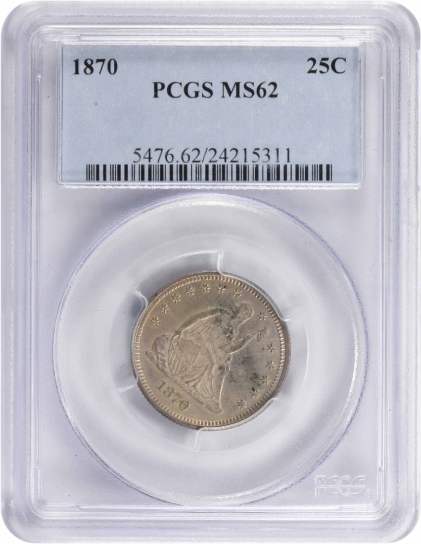 MS62 Liberty Seated Silver Quarter 1870: MS62 Liberty Seated Silver Quarter 1870 MS62 Liberty Seated Silver Quarter 1870 is a highly detailed and intricately designed coin, showcasing the classic Seated Liberty portrait on its obverse and a 