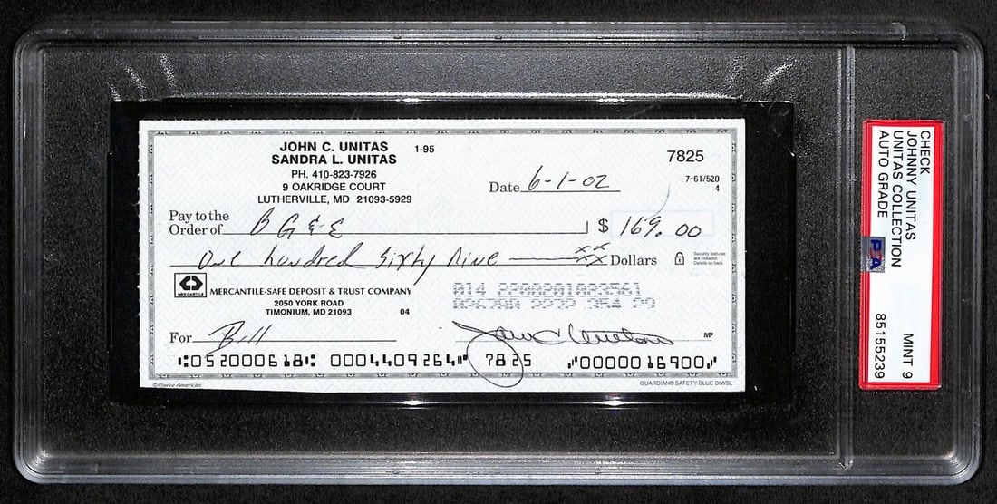 Unitas Johnny Signed Check PSA DNA MINT 6/ 1/ 02 188661: Unitas Johnny Signed Check PSA DNA MINT 6/ 1/ 02 188661 Unitas Johnny Signed Check PSA DNA MINT 9 188661This mint condition check, signed by Johnny Unitas on June 1, 2002, is a unique piece of NFL his
