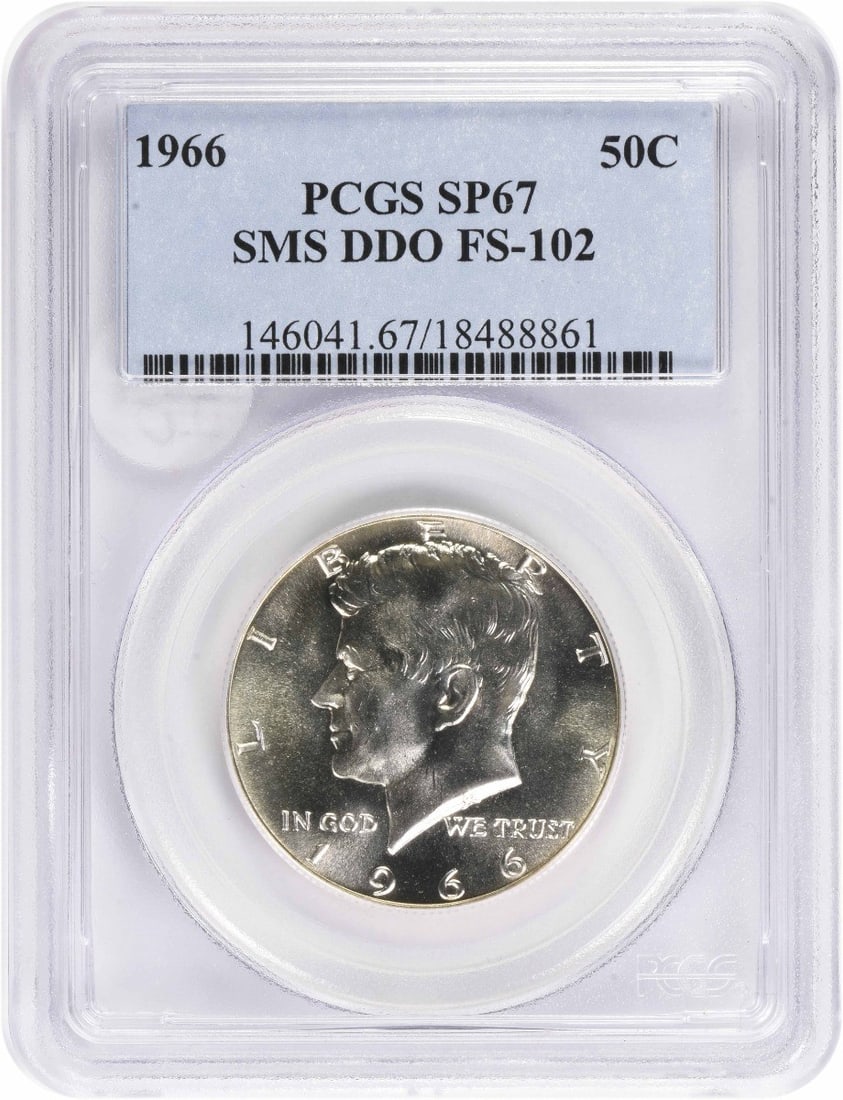 Silver Half Dollar Kennedy 1966 SMS DDO FS-102 SP67 PCGS: Silver Half Dollar Kennedy 1966 SMS DDO FS-102 SP67 PCGS The 1966 Silver Half Dollar Kennedy coin features a special strike design, making it a notable collectible. With a PCGS Circulated/Uncirculated