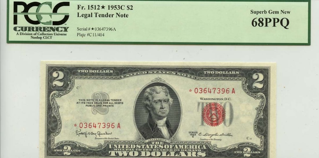 1953C $2 Legal Tender Note FR#1512* PCGS Superb Gem68 PPQ: 1953C $2 Legal Tender Note FR#1512* PCGS Superb Gem68 PPQ The 1953C $2 Legal Tender Note, graded MS69 by PCGS, boasts a Superb Gem68 condition, showcasing exceptional preservation. This uncirculated n