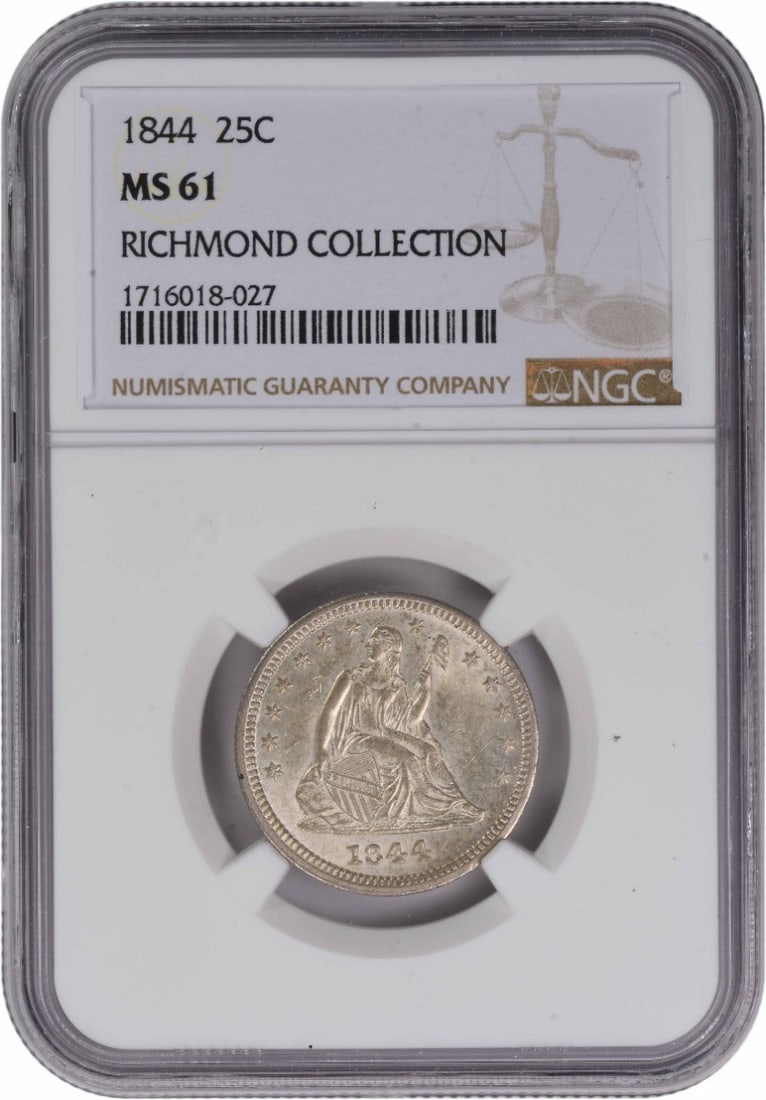 MS61 Liberty Seated Silver Quarter 1844: MS61 Liberty Seated Silver Quarter 1844 The 1844 MS61 Liberty Seated Silver Quarter is a rare and highly detailed coin, featuring the iconic Seated Liberty design by Thomas Sully and Christian Gobrech