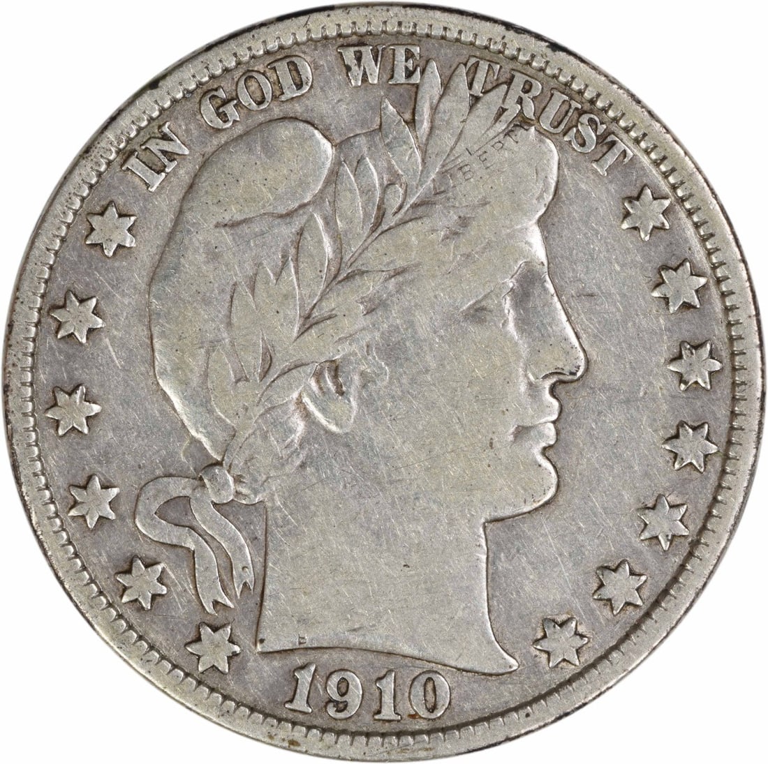 1910-S Barber Silver Half Dollar VF Uncertified: 1910-S Barber Silver Half Dollar VF Uncertified The 1910-S Barber Silver Half Dollar is a circulated coin with a high grade of VF (Very Fine), bearing the signature of its artist. This coin features t