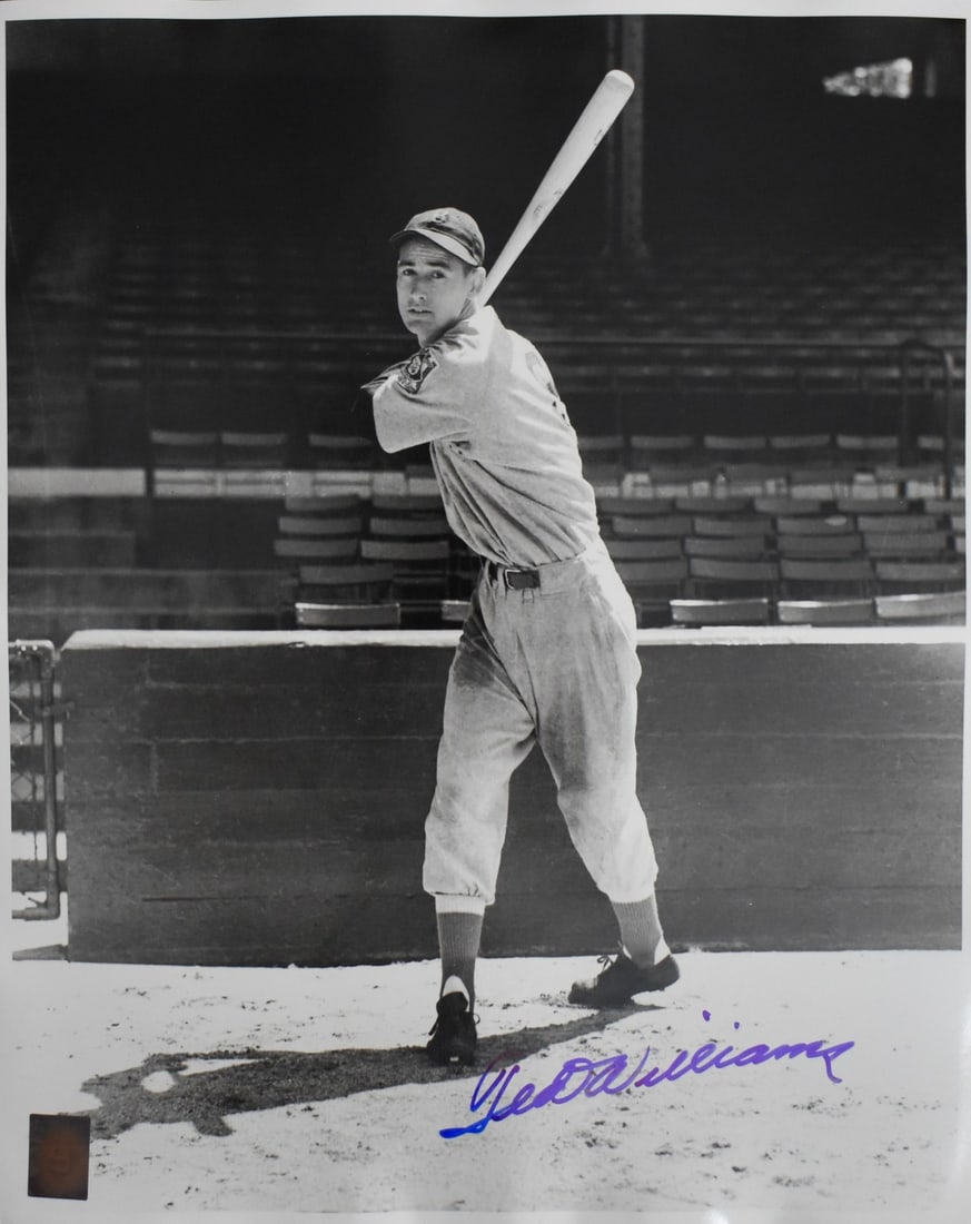 Ted Williams HOF Signed 16x20 Photo Red Sox PSA Letter Green Diamond Holo 212188: Ted Williams HOF Signed 16x20 Photo Red Sox PSA Letter Green Diamond Holo 212188 Signed by Ted Williams, the legendary Red Sox slugger, this 16x20 photo showcases the Hall of Fame icon in action, bear