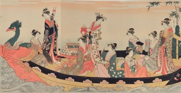 Treasure Ship 1908 Bijin Eishi Chobunsai Woodblock Print Meiji Antique: Treasure Ship 1908 Bijin Eishi Chobunsai Woodblock Print Meiji Antique Item Specifics: Artist: Hosoda Chobunsai Eishi Subject: Bijin Treasure Ship Mythology Material: Washi Paper Style: Japanese Size: