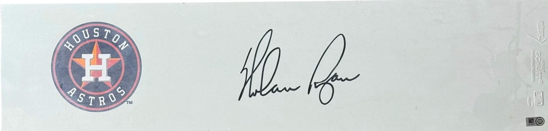 Nolan Ryan Autographed Pitching Rubber (MLB): Nolan Ryan Autographed Pitching Rubber (MLB) Signed in black sharpie across the pitching rubber, this Nolan Ryan autographed pitching rubber is a unique collectible for baseball enthusiasts. The item 