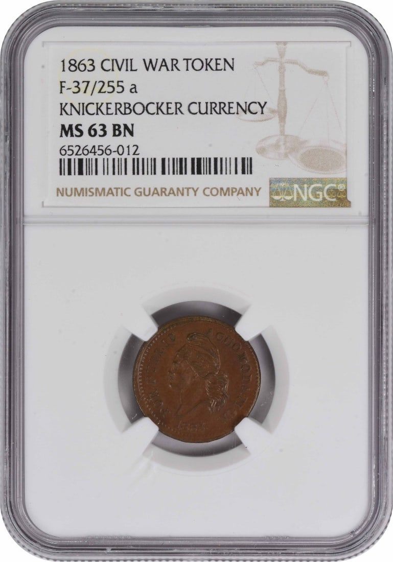 1863 Civil War Token Knickerbocker Currency 37/ 255a MS63BN NGC: 1863 Civil War Token Knickerbocker Currency 37/ 255a MS63BN NGC Item Specifics: Circulated/Uncirculated: Uncirculated Product Disclaimer: Grades are third-party opinions; authenticity is guaranteed. B