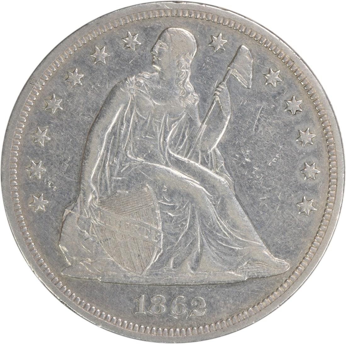 Uncertified EF Dollar Silver Liberty: Uncertified EF Dollar Silver Liberty The 1862 EF Dollar Silver Liberty is a rare and historic coin featuring Seated Liberty, designed by Christian Gobrecht. Made from 90% silver and 10% copper, this