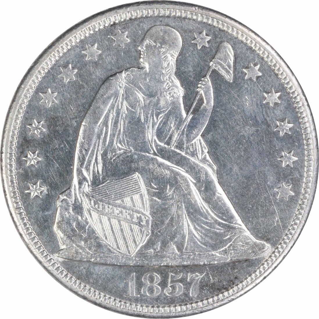 Liberty Seated Dollar AU Slider Uncertified: Liberty Seated Dollar AU Slider Uncertified Circulated 1856 Liberty Seated Dollar AU Slider Uncertified, featuring the iconic Seated Liberty design, is a rare and historic coin from the United