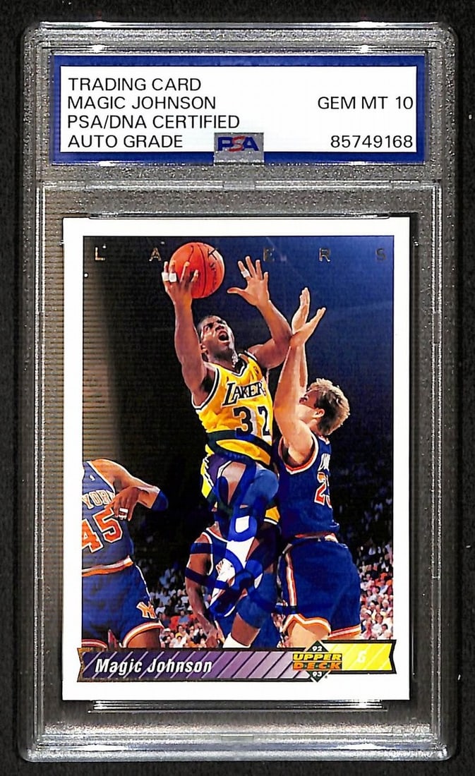Johnson Magic 1992 93 Upper Deck Signed Auto Card #32a PSA DNA 10 BA206373: Johnson Magic 1992 93 Upper Deck Signed Auto Card #32a PSA DNA 10 BA206373 Signed by artist, this 1992-93 Upper Deck Johnson Magic auto card is graded PSA DNA 10, the highest grade given by the compan