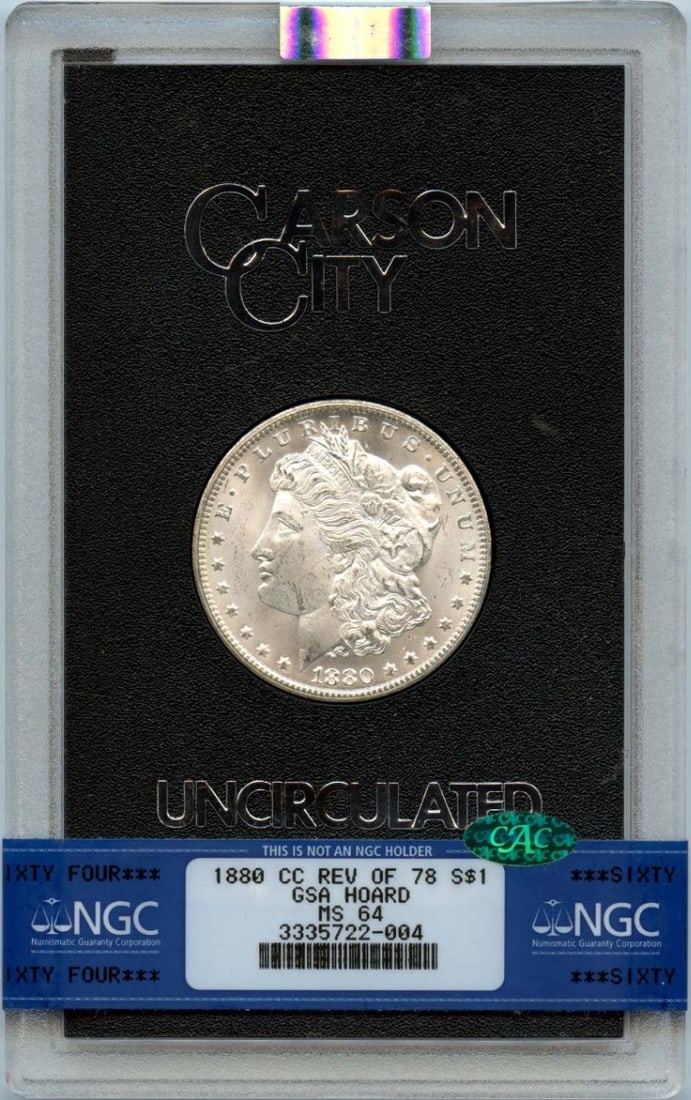 Morgan Dollar Rev 1880/ 79 CC 78 GSA HOARD S$1 MS64: Morgan Dollar Rev 1880/ 79 CC 78 GSA HOARD S$1 MS64 NGC Certified MS64 Morgan Dollar 1880/79 CC, a highly detailed and well-preserved coin from the Carson City Mint, boasts a striking CC mint mark and