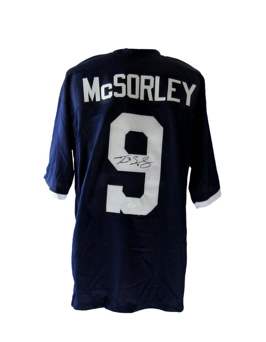 Blue Custom Autographed McSorley Football Jersey PSU Penn State: Blue Custom Autographed McSorley Football Jersey PSU Penn State Signed by Penn State football, this custom blue jersey boasts a unique touch. The item bears a signature, a notable feature of the autog
