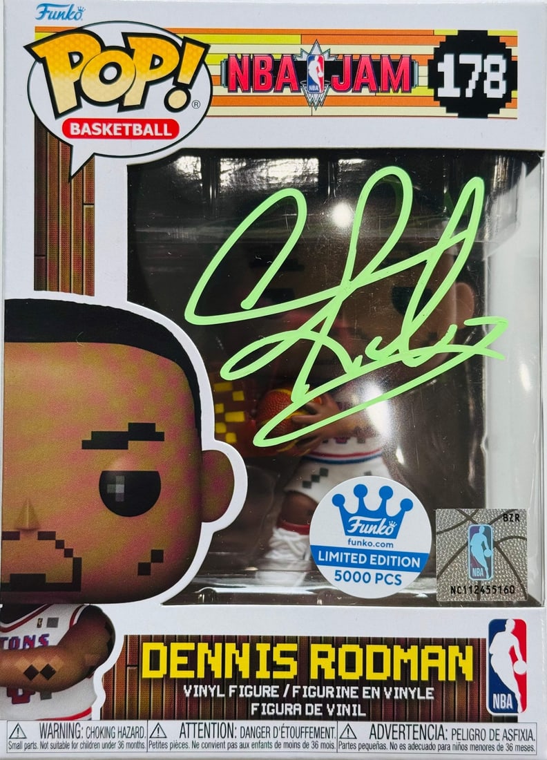Dennis Rodman Autographed NBA Jam Funko Pop LE 5000 JSA #178: Dennis Rodman Autographed NBA Jam Funko Pop LE 5000 JSA #178 Dennis Rodman's NBA Jam Funko Pop is a highly sought-after collectible, featuring the iconic basketball player signed in light green paint 