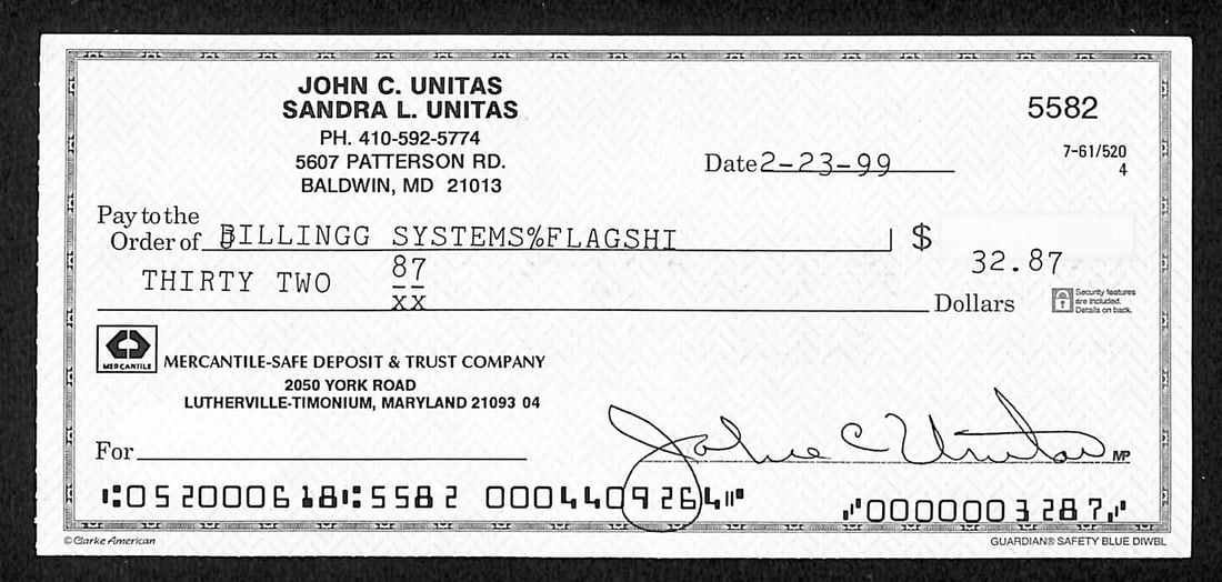 Johnny Unitas HOF Signed/ Autographed 1999 Bank Check Baltimore Colts JSA 199039: Johnny Unitas HOF Signed/ Autographed 1999 Bank Check Baltimore Colts JSA 199039 Johnny Unitas HOF Signed 1999 Bank Check Baltimore Colts JSA 199039 bears the legendary quarterback's signature, a uniq