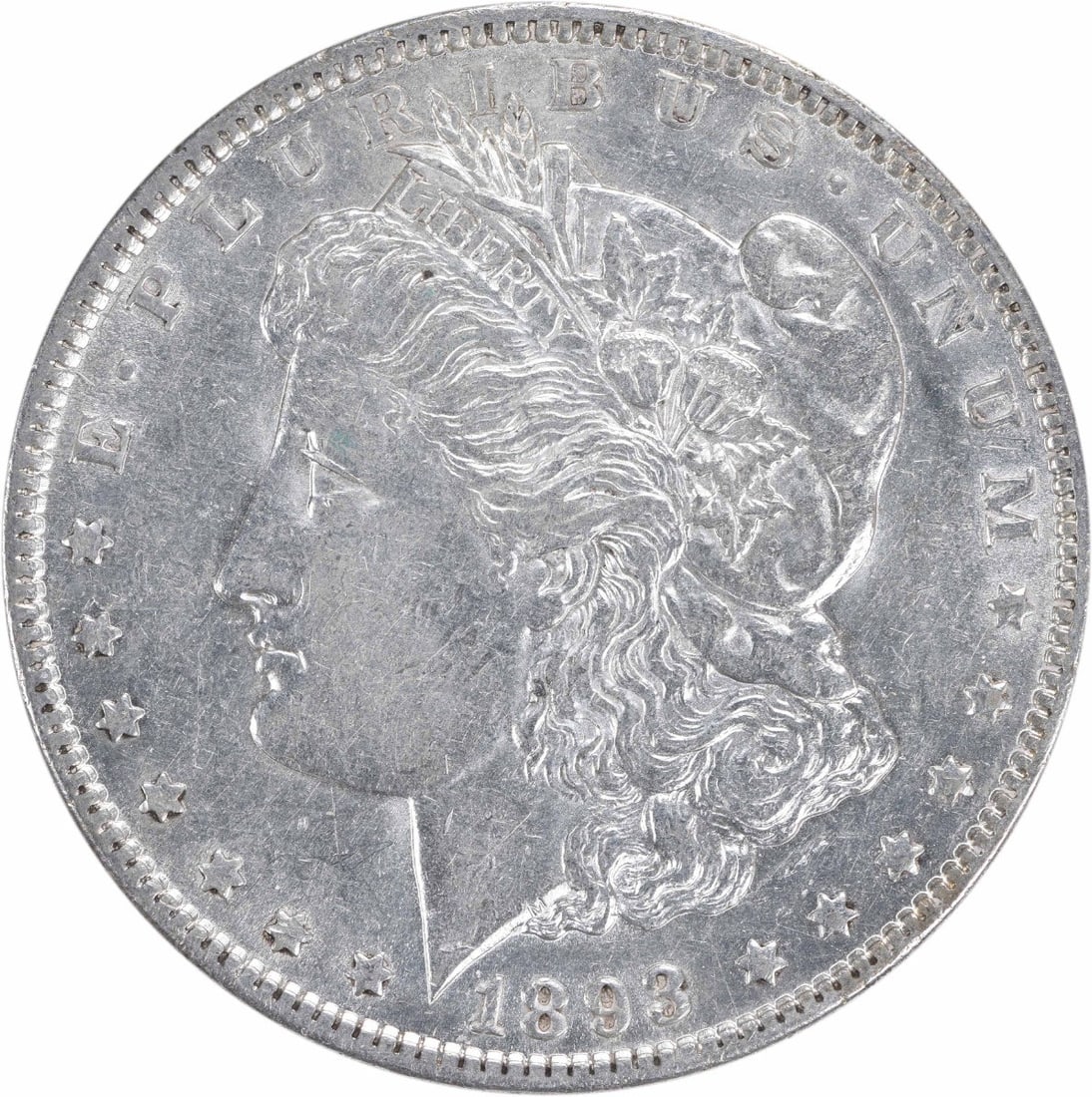 Uncertified AU Morgan Dollar Silver 1893: Uncertified AU Morgan Dollar Silver 1893 The 1893 AU Morgan Dollar Silver Coin is a circulated example from the Philadelphia mint, featuring a reeded edge and no mint mark. With its 90% silver composi
