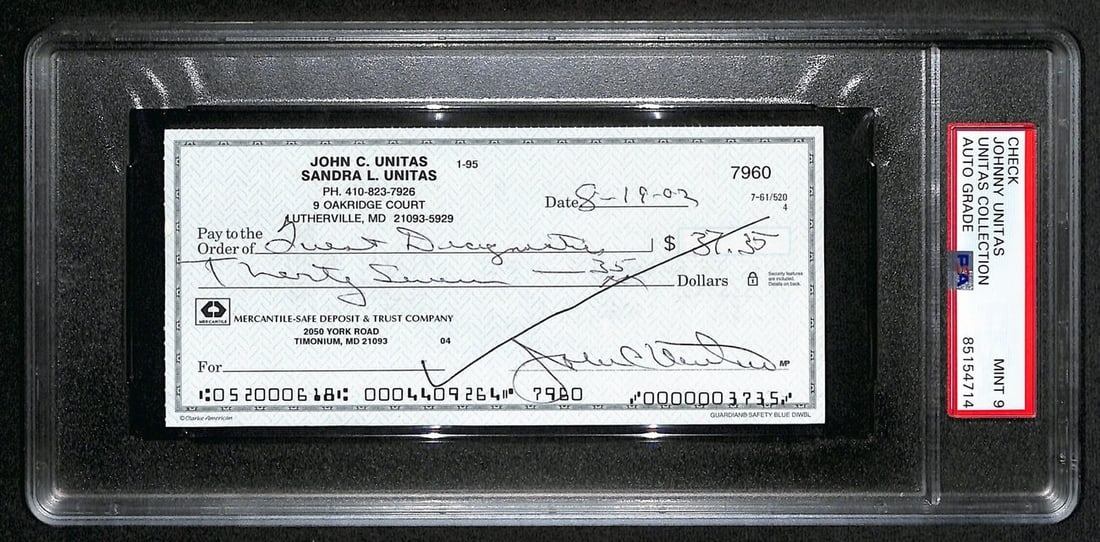 Johnny Unitas Signed 8/ 19/ 02 Check PSA/ DNA MINT 9 188677: Johnny Unitas Signed 8/ 19/ 02 Check PSA/ DNA MINT 9 188677 Item Specifics: Original/Reprint: Original Player: Johnny Unitas Product: Check Signed: YES Sport: Football Team: Baltimore Colts League: NF