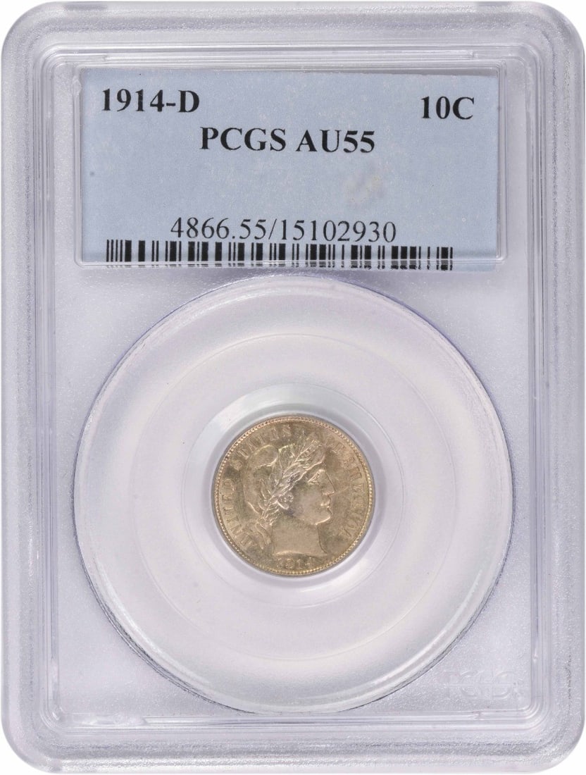 1914-D Barber Silver Dime AU55 PCGS: 1914-D Barber Silver Dime AU55 PCGS The 1914-D Barber Silver Dime is a circulated coin with a grade of AU55, certified by PCGS. It features the iconic Barber design and is made of silver, with a denom