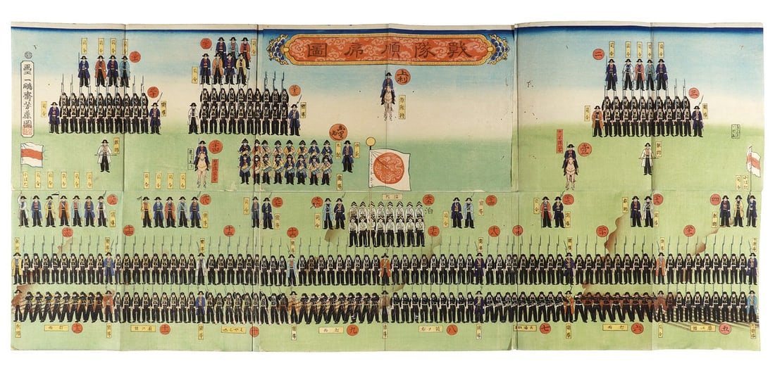 Meiji Era Art Military Units Woodblock Print Sugoroku 1870 Yoshifuji: Meiji Era Art Military Units Woodblock Print Sugoroku 1870 Yoshifuji Item Specifics: Artist: Utagawa Yoshifuji Subject: Military Board Game Material: Washi Paper Style: Japanese Size: 48.5 x 107.5 cm 