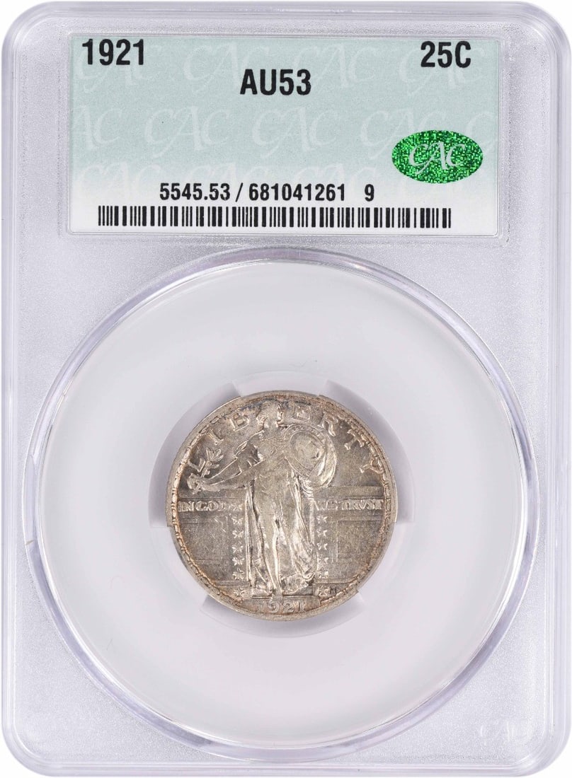 Silver Quarter Standing Liberty AU53 CACG: Silver Quarter Standing Liberty AU53 CACG The Standing Liberty quarter, minted in 1921, boasts an elegant design featuring a woman representing Liberty, with her right hand extended in a gesture of fr
