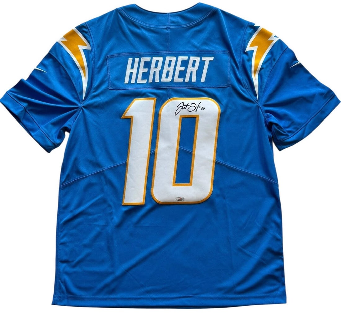 Justin Herbert Autographed Chargers Nike Jersey Fanatics: Justin Herbert Autographed Chargers Nike Jersey Fanatics Justin Herbert's on-field signed jersey from the Chargers, bearing his signature in black sharpie across the jersey number on the back. This of