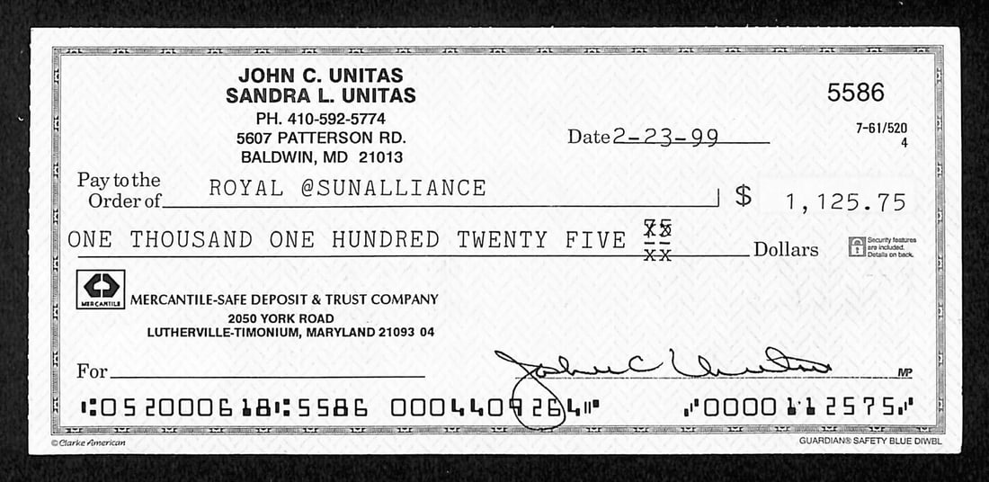 Unitas Johnny HOF Signed/ Autographed 1999 Check Bank JSA Colts Baltimore: Unitas Johnny HOF Signed/ Autographed 1999 Check Bank JSA Colts Baltimore Item Specifics: Original/Reprint: Original Product: Check Sport: Football Product Disclaimer: Not affiliated with any team or 