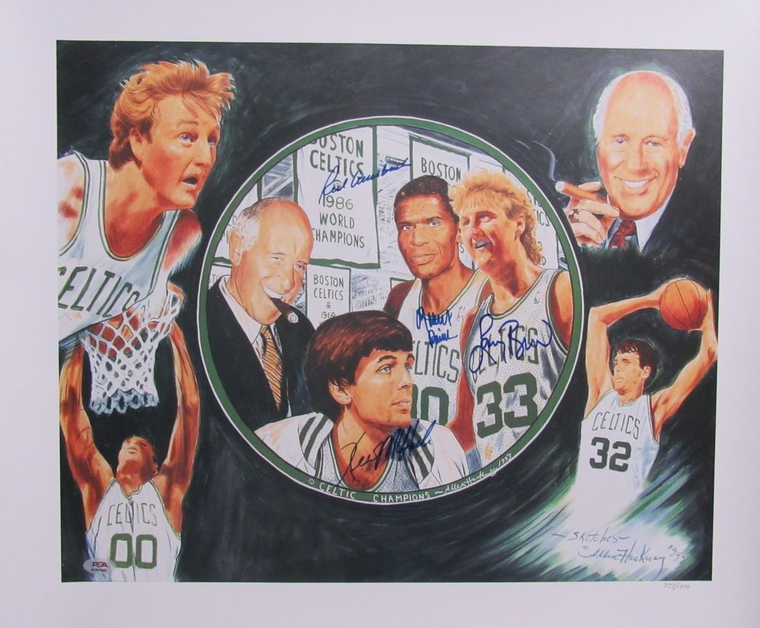 Bird/ McHale/ Parish/ Auerbach Multi-Signed 24x20 Lithograph Celtics PSA/ DNA 192391 (1 of 5)