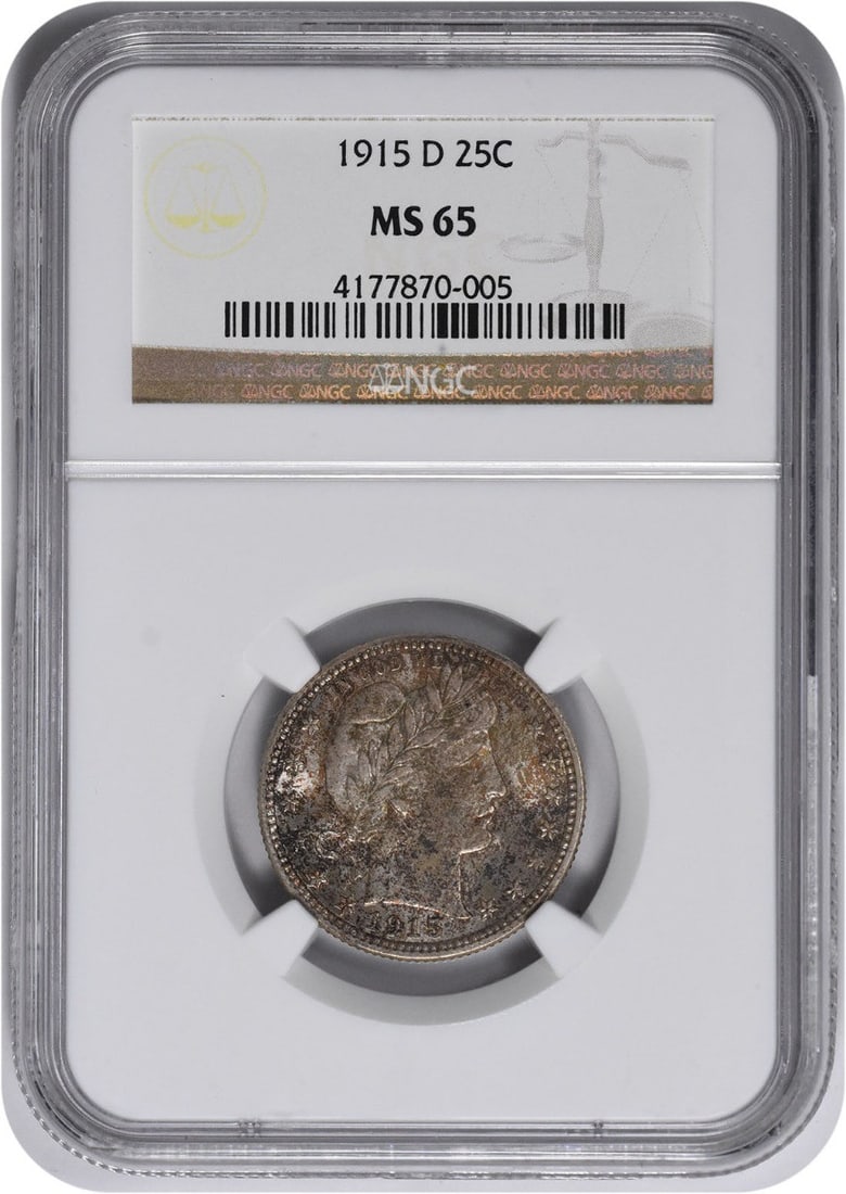 1915-D Barber Silver Quarter MS65 NGC: 1915-D Barber Silver Quarter MS65 NGC The 1915-D Barber Silver Quarter is a highly graded MS65 coin, certified by the Numismatic Guaranty Corporation (NGC). This uncirculated coin features the iconic