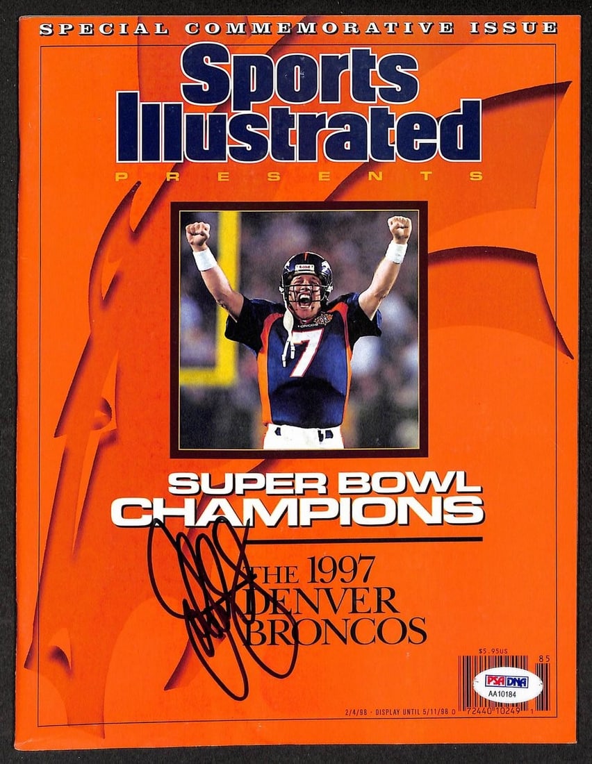 Sports Illustrated 97 Broncos SB Champs HOF John Elway Signed 12072 PSA: Sports Illustrated 97 Broncos SB Champs HOF John Elway Signed 12072 PSA Signed by John Elway, the legendary quarterback and Hall of Famer, this Sports Illustrated cover from the 1997 Broncos Super Bow
