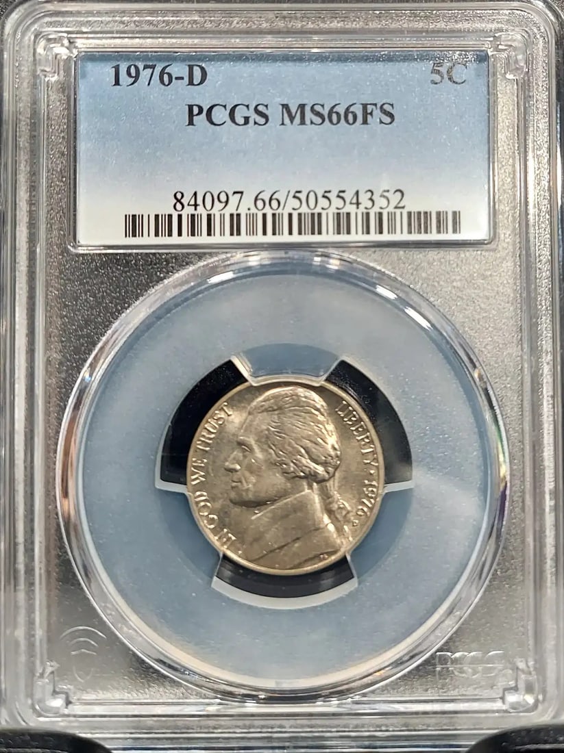 1976 D JEFFERSON NICKEL 5C PCGS CERTIFIED MS 66 FS MINT UNC - FULL STEPS (352): 1976 D JEFFERSON NICKEL 5C PCGS CERTIFIED MS 66 FS MINT UNC - FULL STEPS (352) 1976 D Jefferson Nickel PCGS Certified MS 66, a highly graded circulated uncirculated coin from the Denver mint, boasts