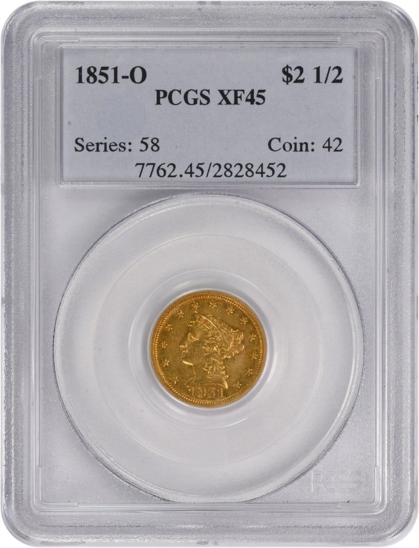 1851-O $2.50 Gold Liberty Head EF45 PCGS: 1851-O $2.50 Gold Liberty Head EF45 PCGS The 1851-O $2.50 Gold Liberty Head is a rare and historic coin, featuring a reeded edge and a diameter of 18.00 millimeters. Certified by PCGS as an EF45, this