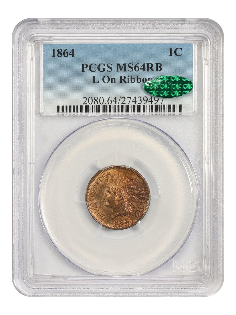 1864 1C PCGS/ CAC MS64RB (L On Ribbon) - Indian Cent - Popular Key Variety: 1864 1C PCGS/ CAC MS64RB (L On Ribbon) - Indian Cent - Popular Key Variety The 1864 Indian Cent is a highly sought-after variety among collectors, with the rare "L on Ribbon" feature making it a stand