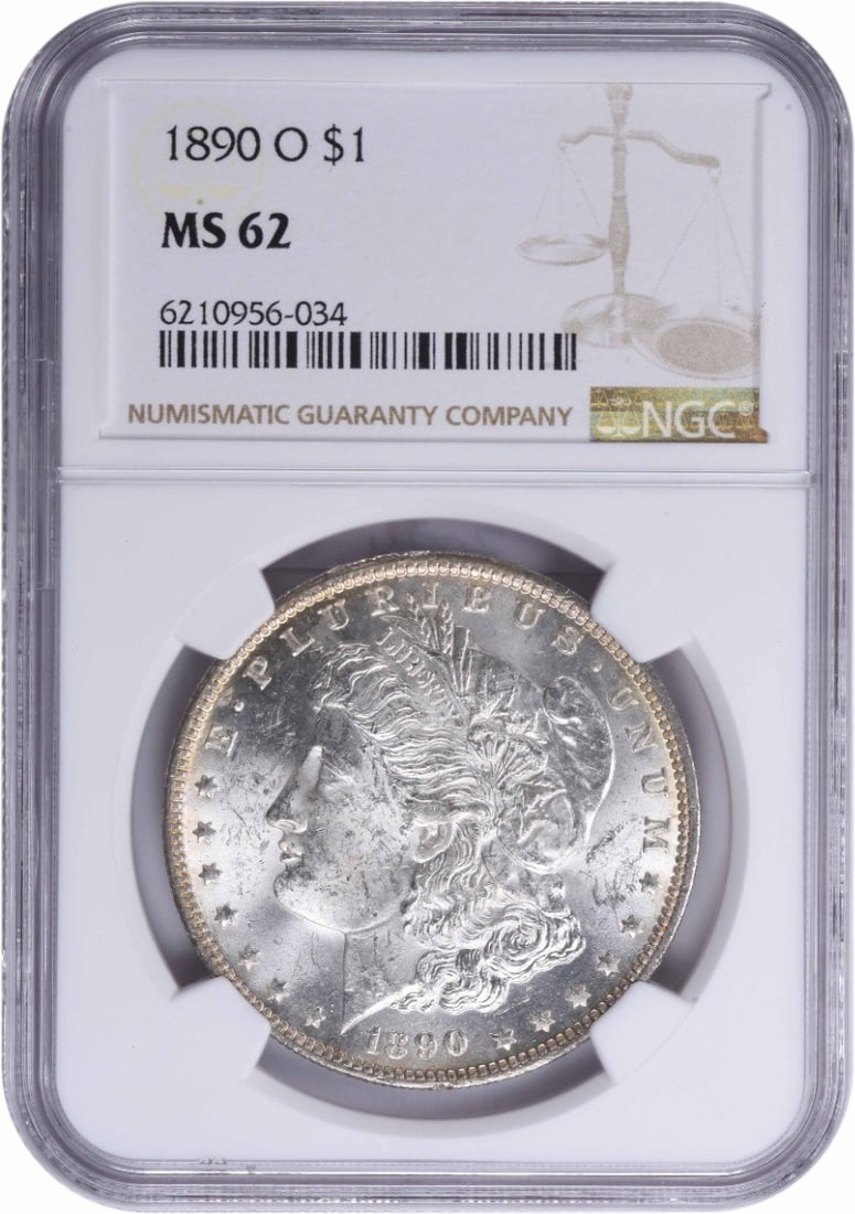 1890-O Morgan Silver Dollar MS62 NGC: 1890-O Morgan Silver Dollar MS62 NGC The 1890-O Morgan Silver Dollar MS62 NGC is a highly detailed and well-crafted coin with a rich history, featuring a reeded edge and a distinctive mint mark. Certi