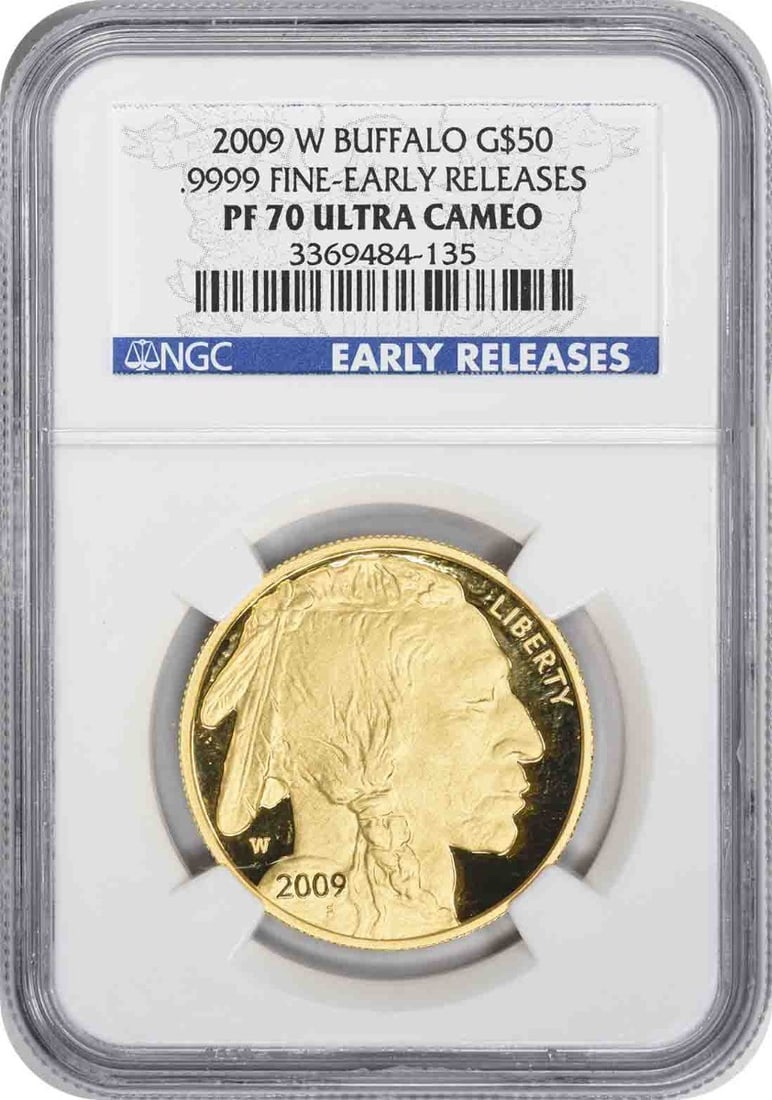 PF70UCAM 2009-W $50 American Gold Buffalo Early Releases NGC: PF70UCAM 2009-W $50 American Gold Buffalo Early Releases NGC The PF70UCAM 2009-W $50 American Gold Buffalo is a stunning proof coin, certified by the Numismatic Guaranty Corporation (NGC) in PR70 cond