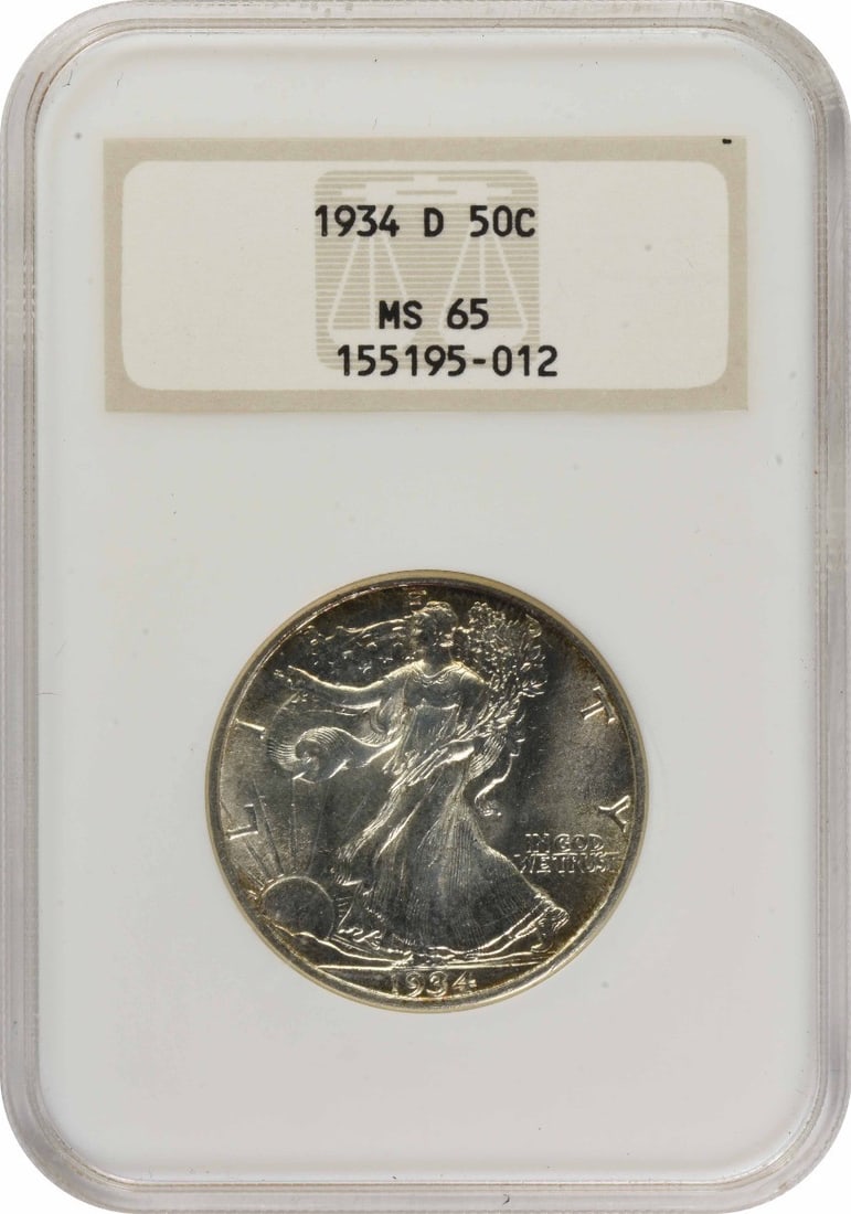 1934-D Walking Liberty Silver Half Dollar MS65 NGC: 1934-D Walking Liberty Silver Half Dollar MS65 NGC The 1934-D Walking Liberty Silver Half Dollar is a stunning example of American numismatic art, boasting a beautiful MS65 grade from the NGC. This un