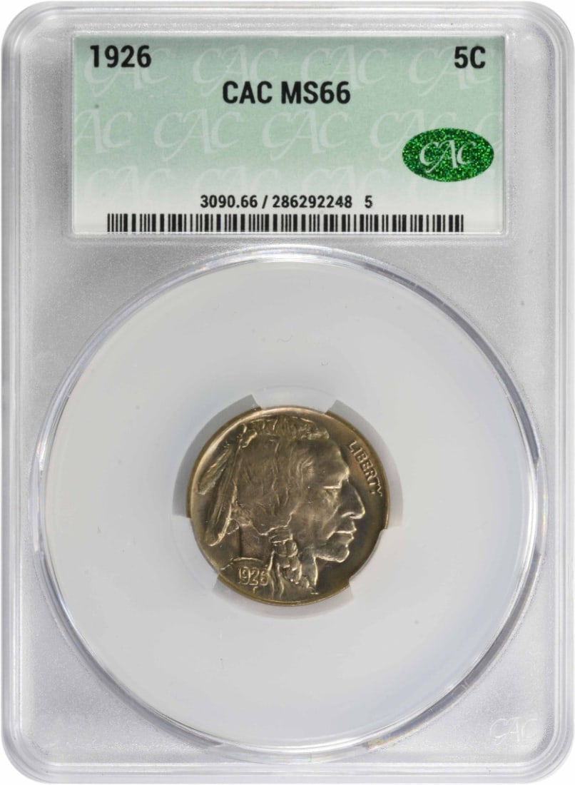 Buffalo Nickel MS66 CACG: Buffalo Nickel MS66 CACG The 1926 Buffalo Nickel MS66 CACG is a highly detailed and well-preserved coin, boasting a grade of MS66 and bearing the signature of James Earle Fraser, the coin's renowned d